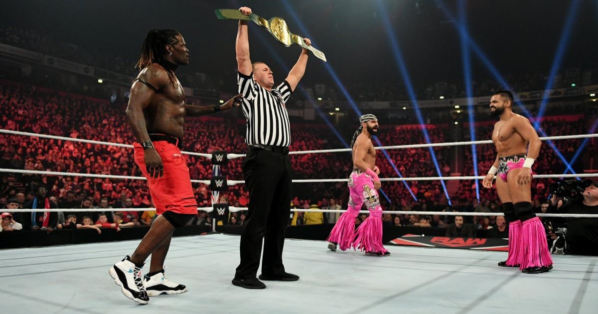 The Singh Brothers and R-Truth in 24/7 championship match